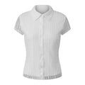 Women White Lace Shirts Solid Color Lapel V Neck Short Sleeve Slim Fit Tops and Blouses Summer Elegant