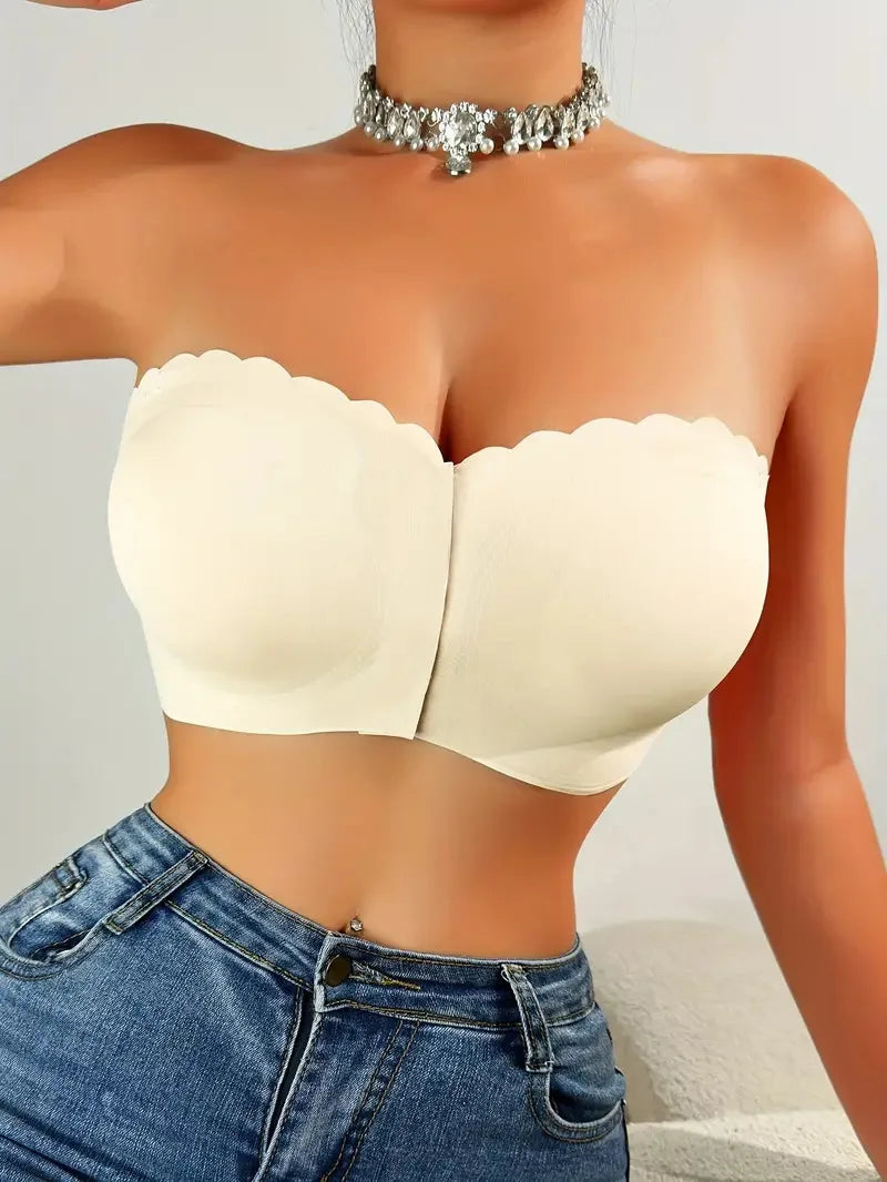 Solid Seamless Strapless Front Closure Wireless Strapless Bra, Sexy Comfy Push Up Bra, Women's Lingerie & Underwear