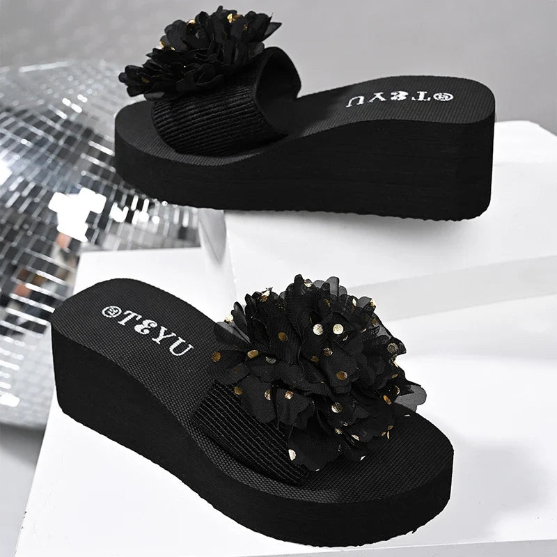 Mesh Big Flower Wedges Slippers Women Plus Size 43 Gold Sequins Platform Sandals Woman 2026 Summer Thick Sole Casual Slides