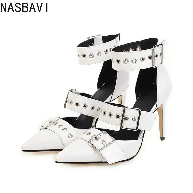 NASBAVI Black Punk Gothic High Heels Sexy Plus Size Pointed Toe Fashion Buckle Rivet Women Pumps Wedding Shoes Stiletto Heels
