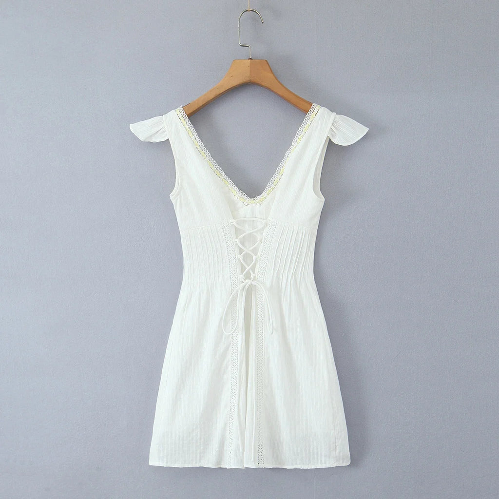 White Lace Dress Summer Women's Dress Bowknot Back Tie Up Short Beach Vestidos Female Sleeveless Mini Casual Cotton Dress 2025