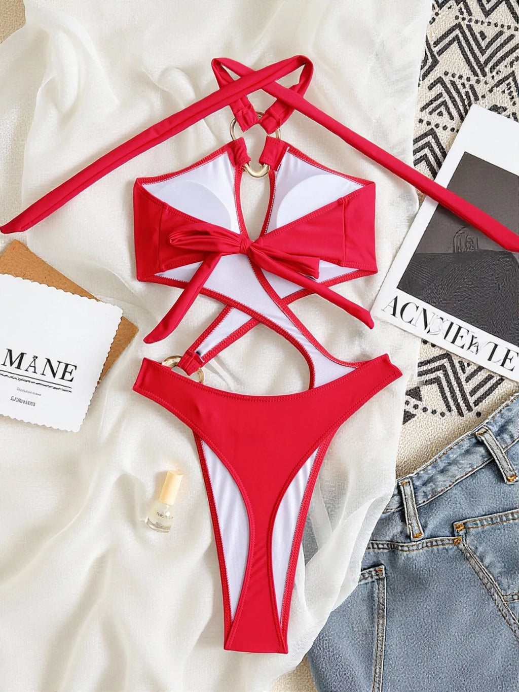 2026 New Sexy Hollow Out Women's Swimsuit Halter Lace-up Bodysuit Cross Bandage Backless Swimwear Push Up Bathing Suit Beachwear