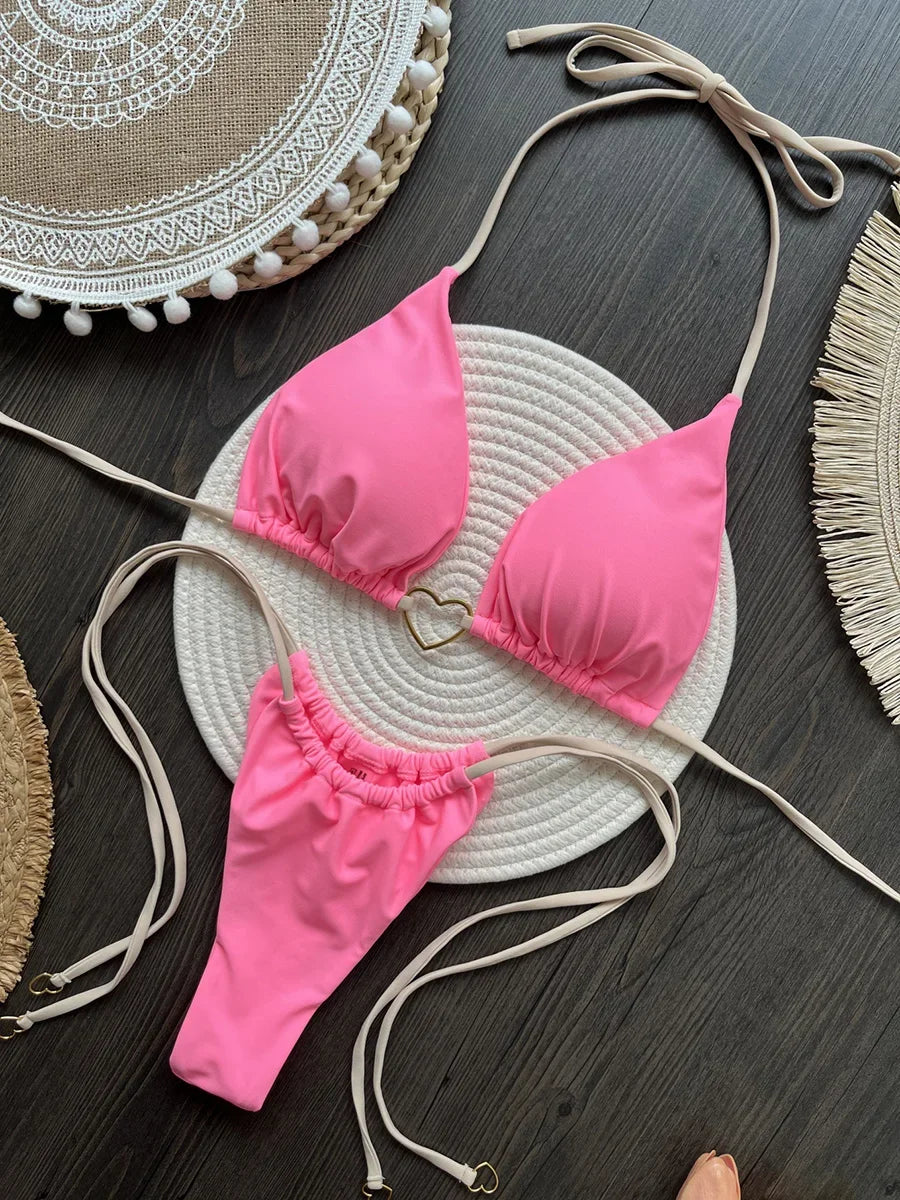 Metal Heart-shaped Halter Mini Micro Thong Bikini Female Swimsuit Women Swimwear Two-pieces Bikini Set Bather Bathing Suit Swim