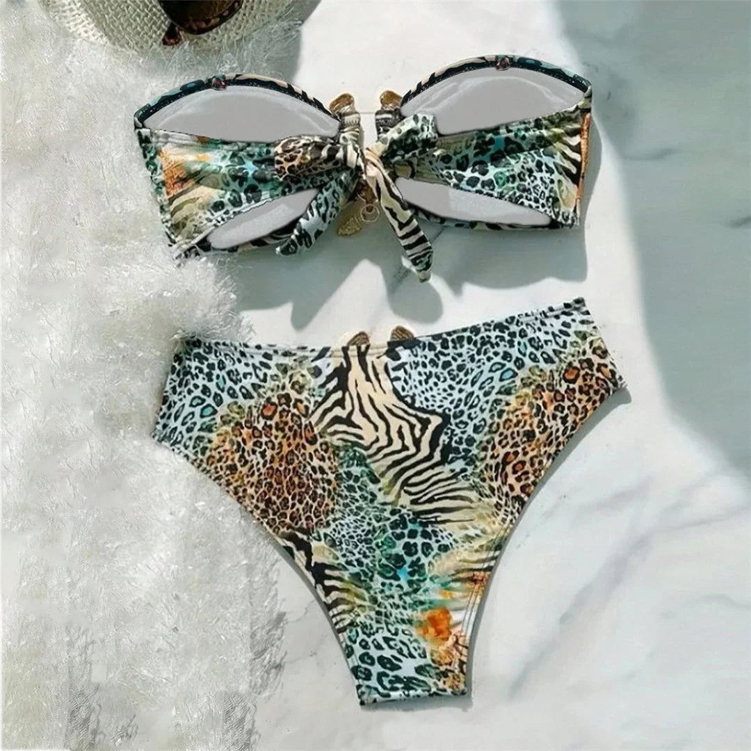 S - XL Sexy Leopard Printed Bandeau Bikini Female Swimsuit Women Swimwear Two-Pieces Bikini Set Bather Bathing Suit Swim V7541