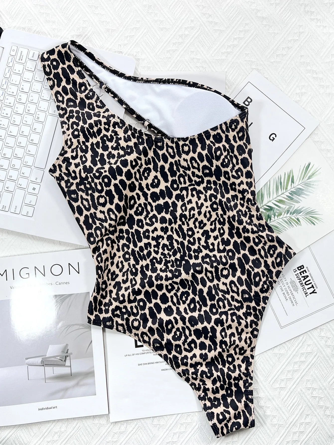 2026 New Sexy One Piece Swimsuit Swimwear Women Leopard Hollow Single Shoulder One-piece Bathing Suit Beachwear Metal Ring Decor