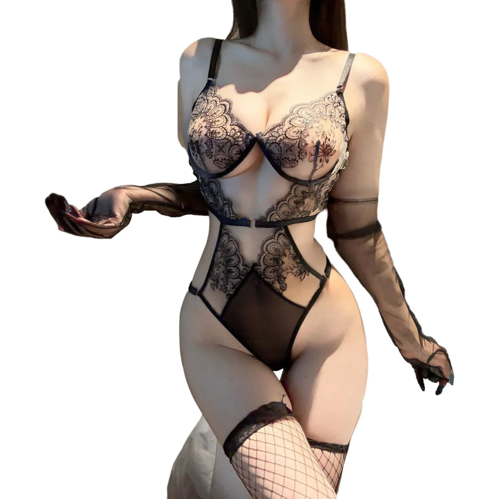Sexy Lace One-piece With Bra Hollow-out Design Date Outfit Sexy Backless Deep V Suspenders Sleeveless Bodysuits Playful L7FE