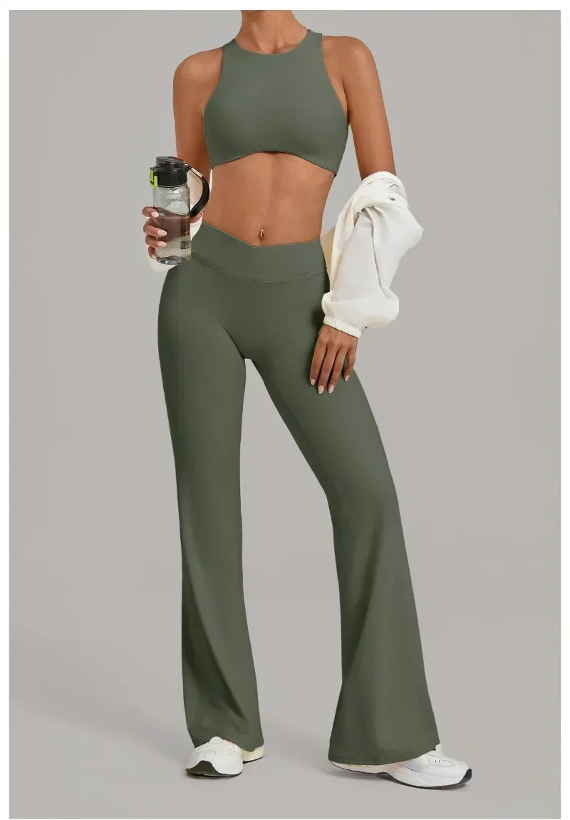 Women's Seamless Yoga Sets Sports Gym Fitness High Waist Hip-lifting Flared-pants Sleeveless Vest Workout Training Running Suits