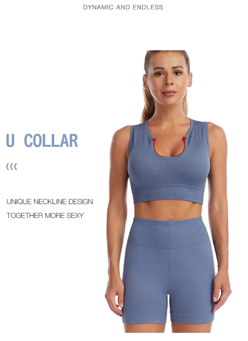 New Sports Bra Women Sexy Deep U-neck Push Up Gym Jogging Yoga Fitness Shockproof Vest Crop Tops Female Sport Bras Set for Women