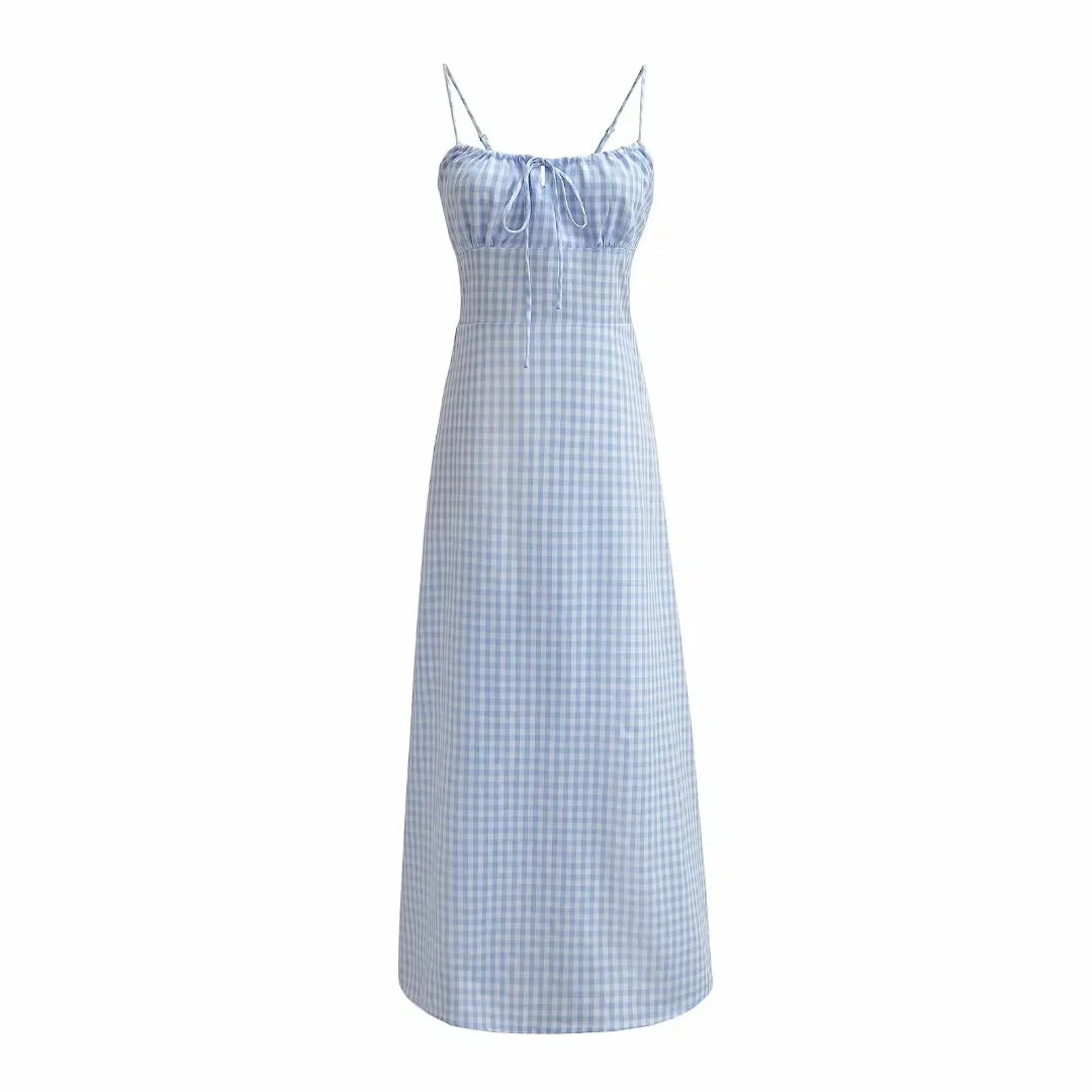 Foridol Spaghetti Strap Tie Up Plaid Dress Women Summer Beach Midi Sundress Strapless Retro Pink Short Vestidos Female Dress