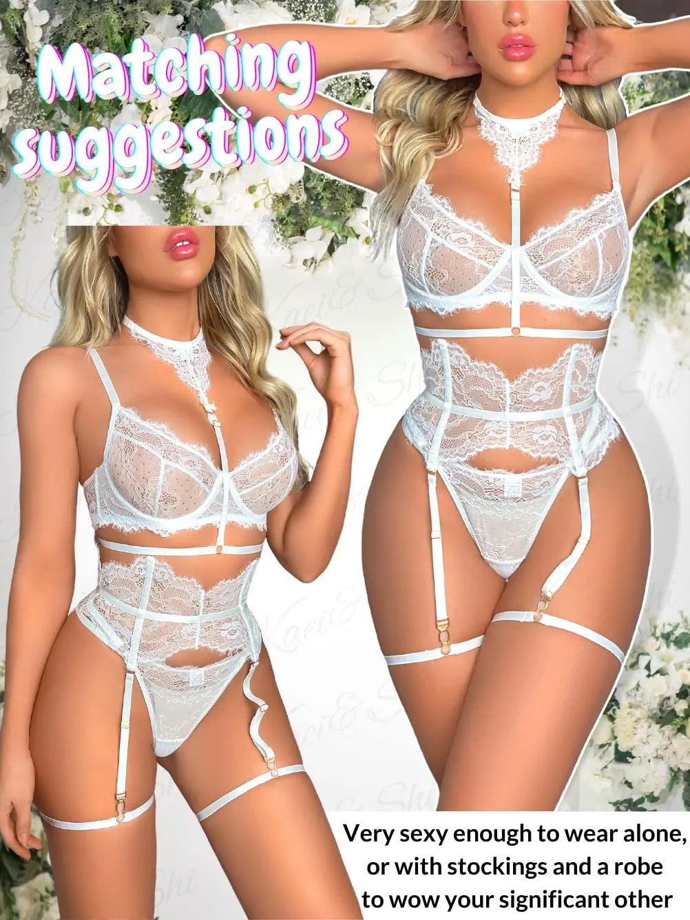 Sexy Garter Lingerie Set for Women – 4pcs Floral Lace Strappy High Waisted Bra Panty with Choker Belt