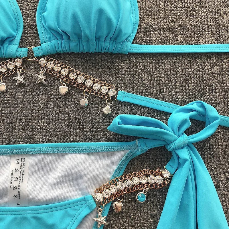 Wrap Around Halter Metal Chains Bikinis 2025 Diamond Bikini Women Swimsuit Female Swimwear Two Pieces Bikini set Bathing Suit