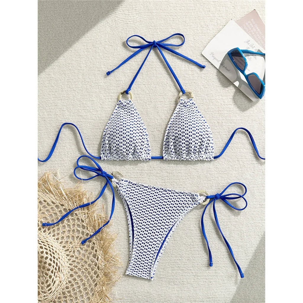 Wrinkled Halter Two-Pieces Bikini Set Bikini Female Swimsuit Women Swimwear Strappy High Cut Leg Bathing Suit Bather Swim V7043
