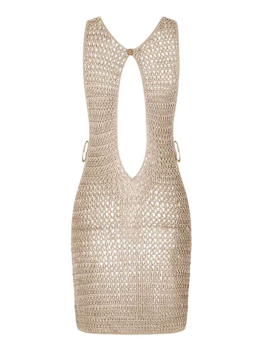 2025 Backless Cut Out Crochet Knitted Tunic Beach Cover Up Cover-ups Beach Dress Beach Wear Beachwear Female Kaftans for Woman