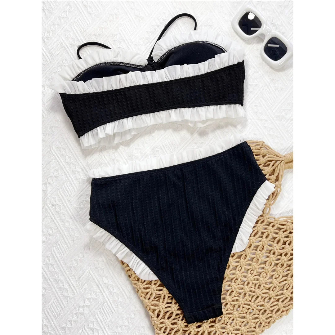 Bandeau Splicing Frilled Female Swimsuit High Waist Bikini Women Swimwear Two-Pieces Bikini Set Bather Bathing Suit Swim V7039