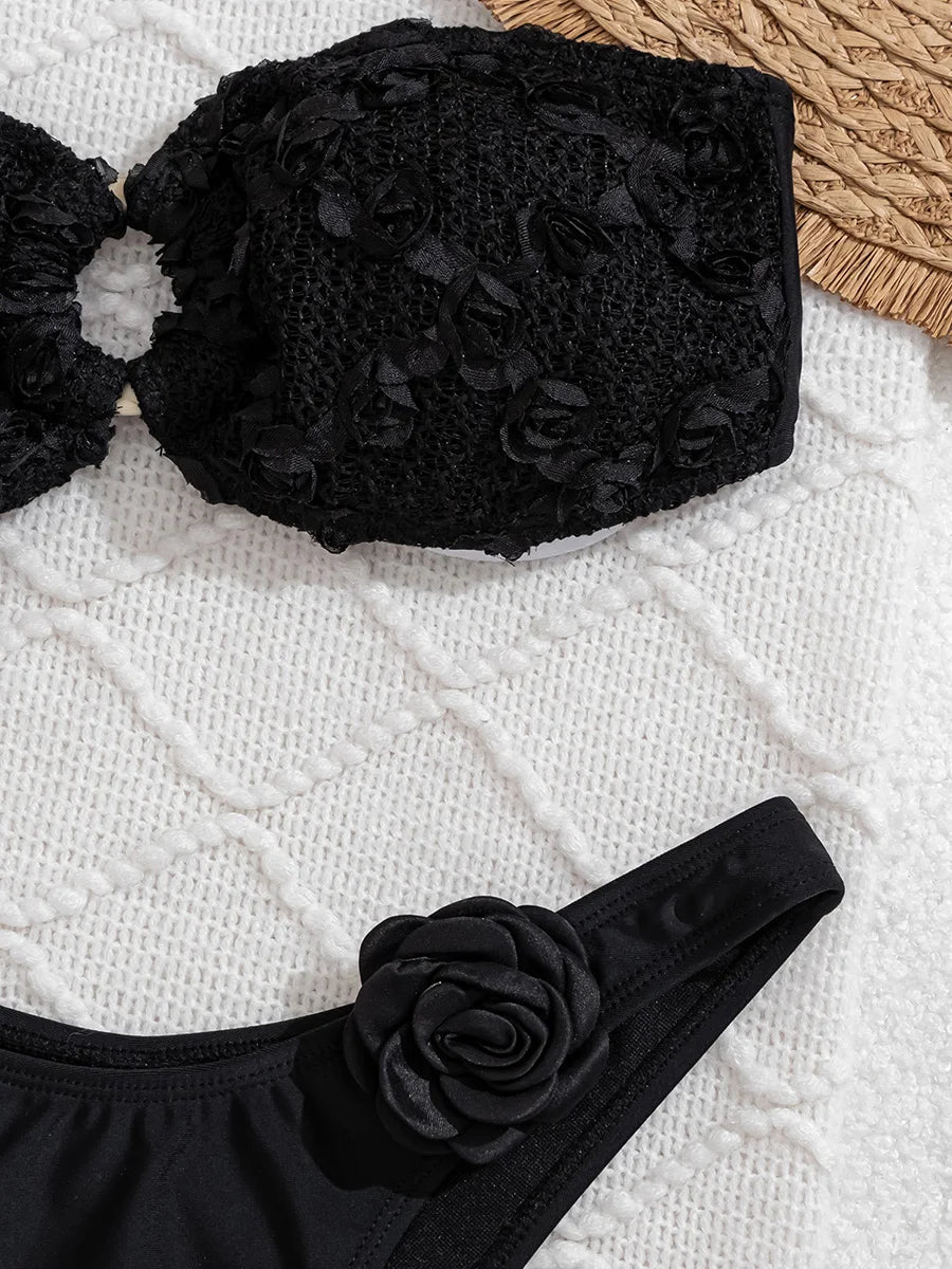 3D Flowers High Leg Cut Bandeau Bikini Women Swimsuit Female Swimwear Two-pieces Bikini Set Bather Bathing Suit Swim Beachwear