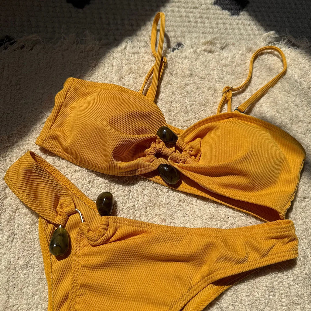 New Sexy Ribbed Brazilian Bikini Padded Bathing Suit Bather Swim Female Swimsuit Two-Pieces Bikini Set Women Swimwear V6343R
