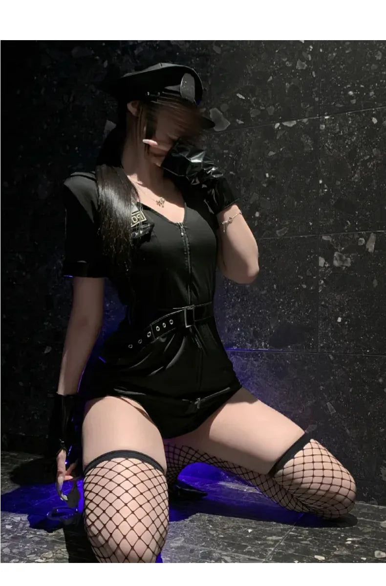 Sexy Cosplay Policewoman Midnight Uniform SM Zipper Bodysuits Solid Color Deep V Short Sleeved Wrap Hip Bodysuits Charming K0JQ