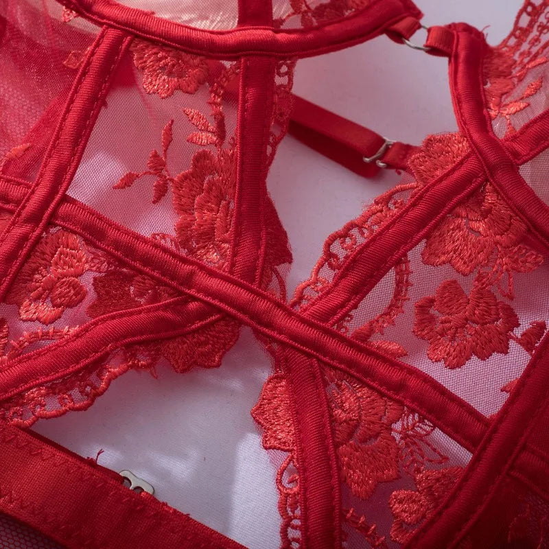 Toucheart Lace Sexy Skinny Babydoll Bodysuit Embroidery Erotic Private Adult Suit Solid Color Patchwork High Waisted Sexy Set