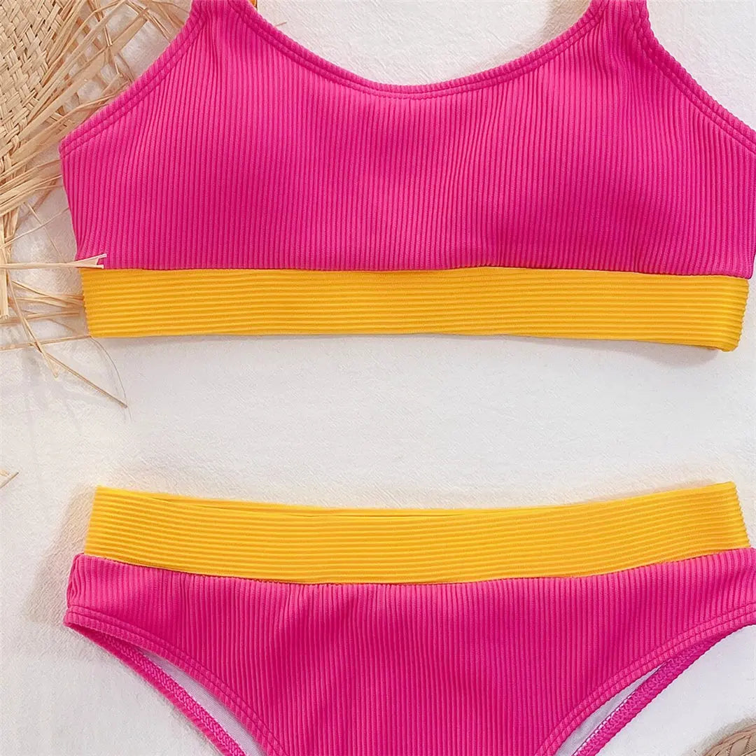 New Sexy Ribbed Splicing Female Swimsuit High Waist Bikini Women Swimwear Two-pieces Bikini Set Bather Bathing Suit Swim V2329