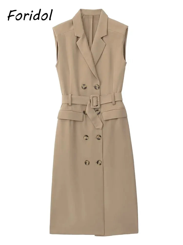 Foridol Khaki Double Breasted Sleeveless Office Windbreaker Style Dress Turn Down Collar Lady Elegenta Vintage Belt New Vestidos