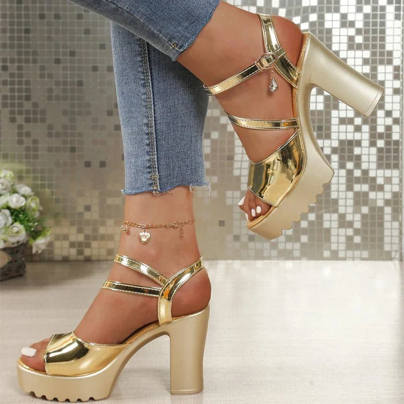 Luxury Gold Chunky High Heeled Sandals Women Fashion Buckle Strap High Heels Shoes for Woman Summer Peep Toe Platform Sandles
