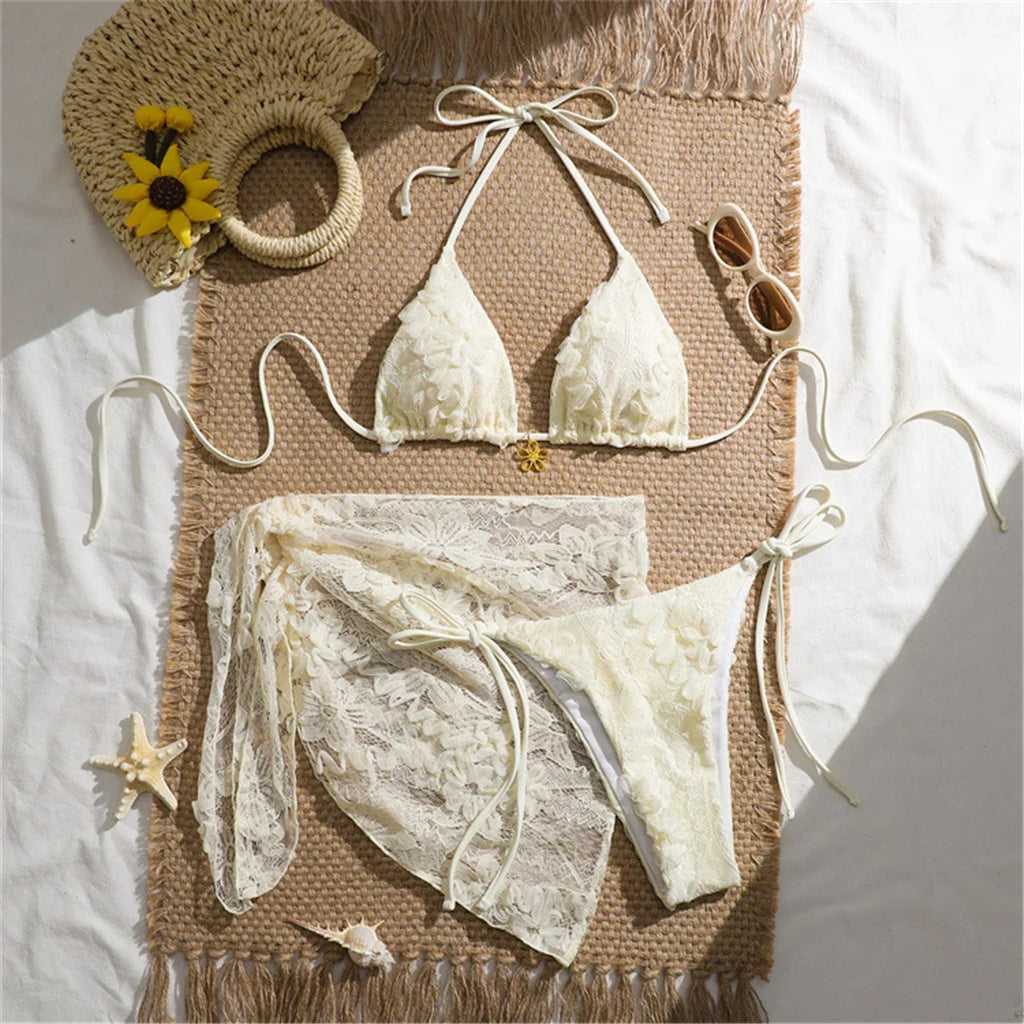 3PCS With Sarong Flower Lace Halter Bikini Women Swimwear Female Swimsuit Three-Pieces Bikini Set Bather Bathing Suit Swim V8277