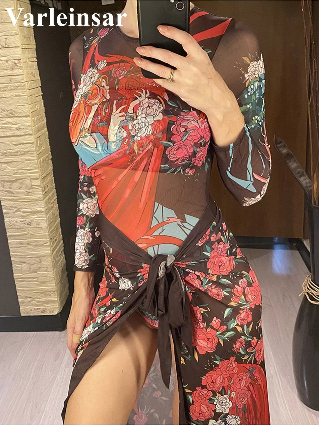 S - XXL Printed Long Sleeve With Sarong One Piece Swimsuit Women Swimwear Female Flowers Padded Bather Bathing Suit Swim V7181