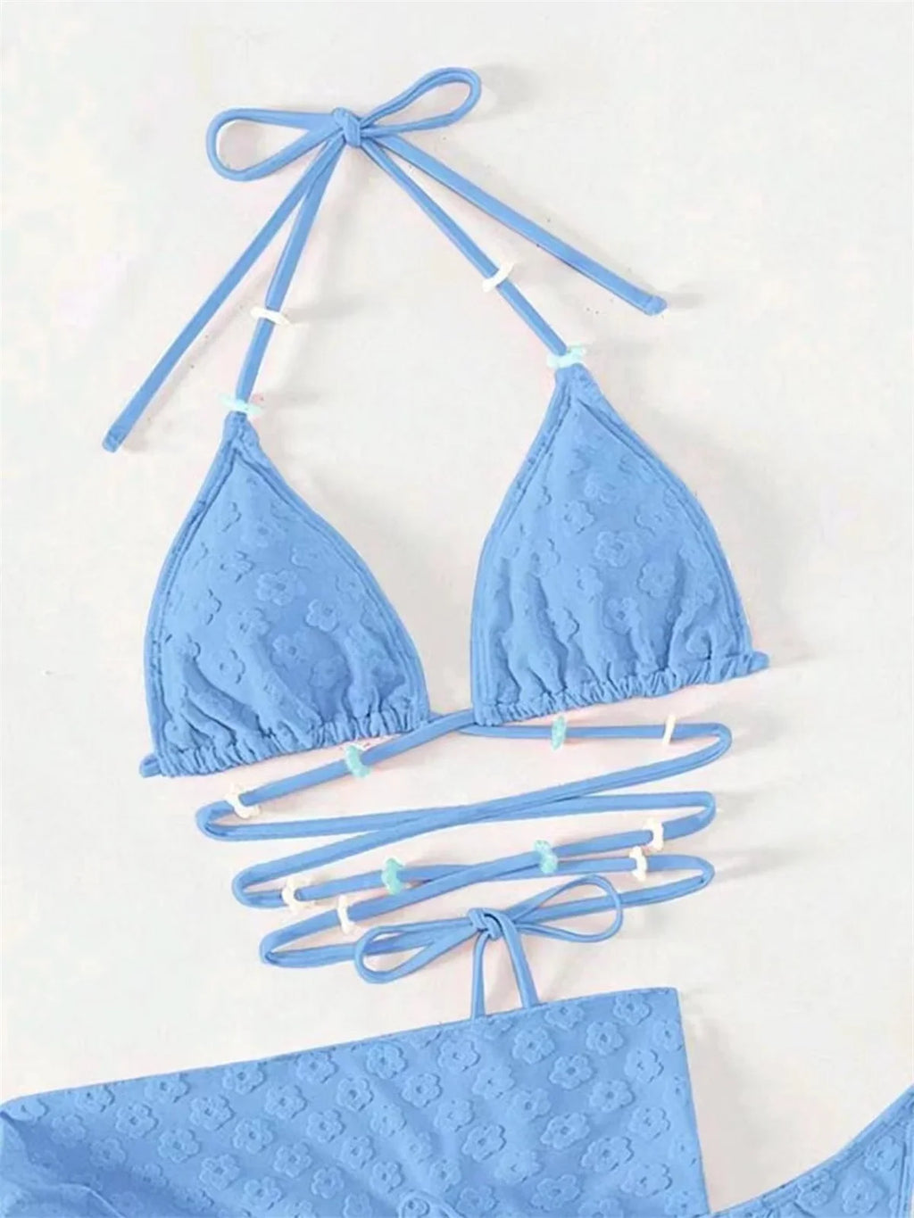 Mesh Skirt Pleated Bikini Set Women Blue White Floral Designer Criss Cross Swimsuit 3 Piece Bathing Suit Cover Up Swimwear 2024