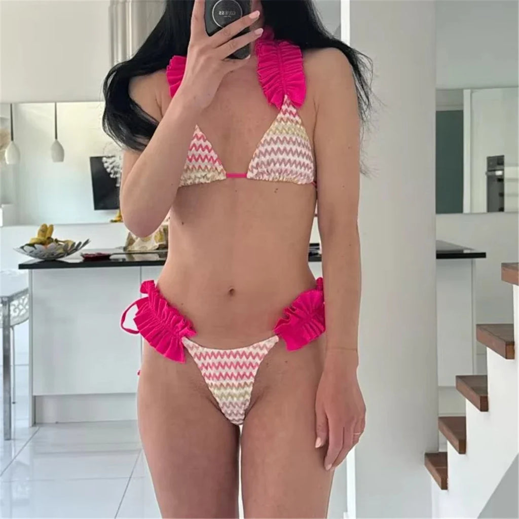 With Skirt Waved Ruffled Frilled Bikini Female Swimsuit Women Swimwear Three-pieces Bikini set Bather Bathing Suit Swim V5235