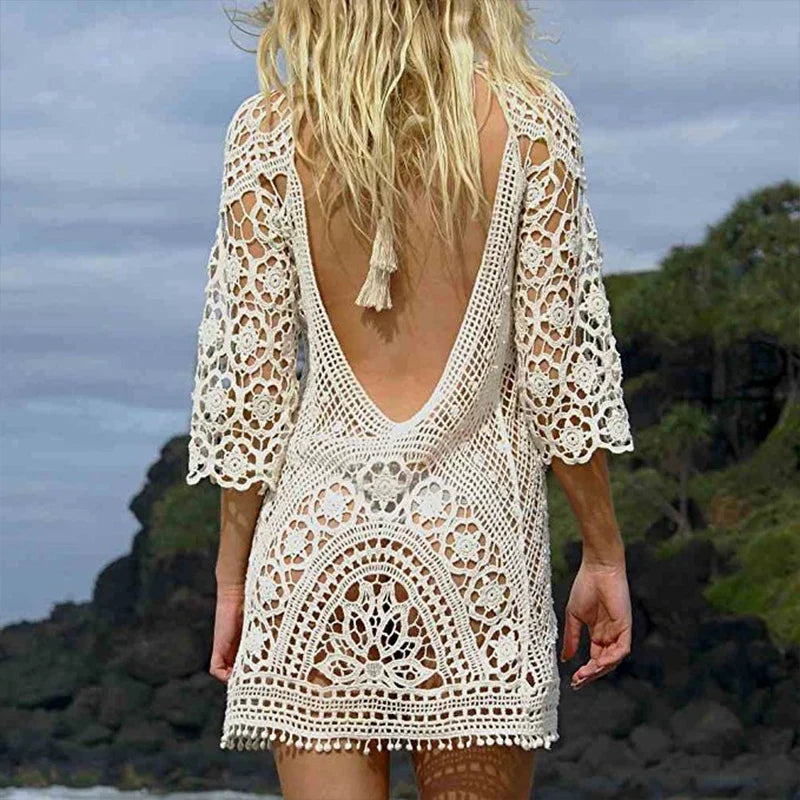 DEKA Crochet Swimwear Cover Up Women White Lace Tunic Beach Dress Clothing Backless Bathing Suit Bikini Swimming Beach Wear