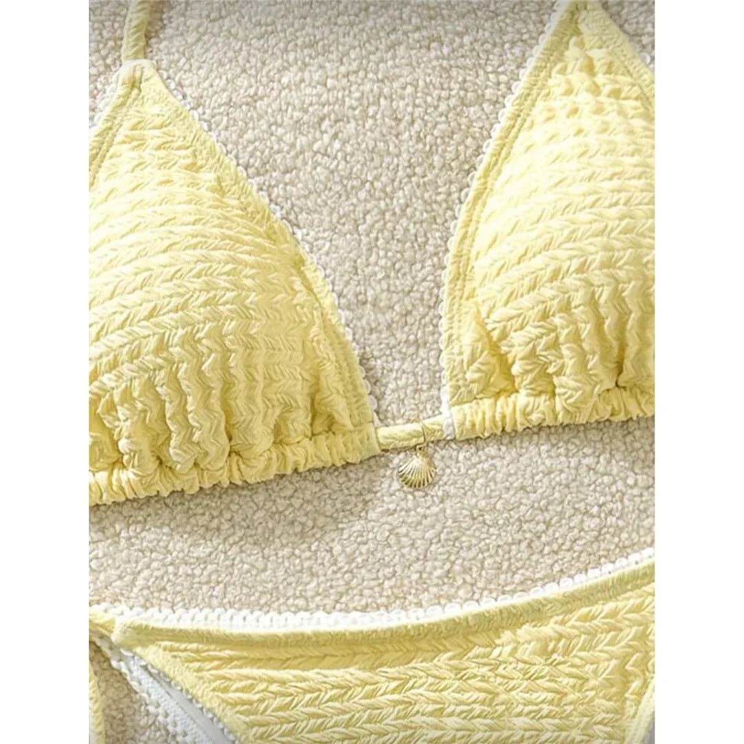 High Cut Leg Two-Pieces Bikini Set Bather Bathing Suit Swim Wrinkled Crinkled Halter Bikini Women Swimwear Female Swimsuit M125