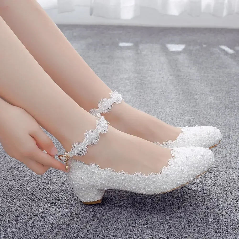 Women 3CM High Heels White Lace Pearl Wedding Shoes Sexy Bride Party  Pointed Toe Shallow Mouth Pumps Shoe Bridesmaid  Pink