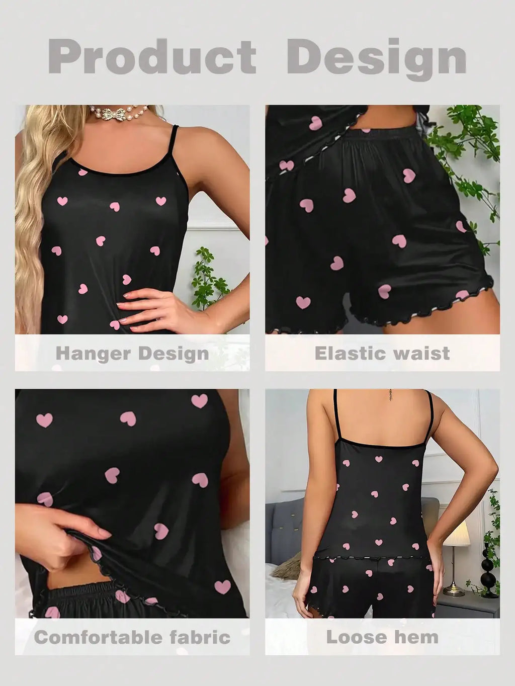 Heart Print Pajama Set Crew Neck Cami Top & Lettuce Trim Casual Round Sexy Women's Summer Sleepwear Soft Loungewear Nightwear