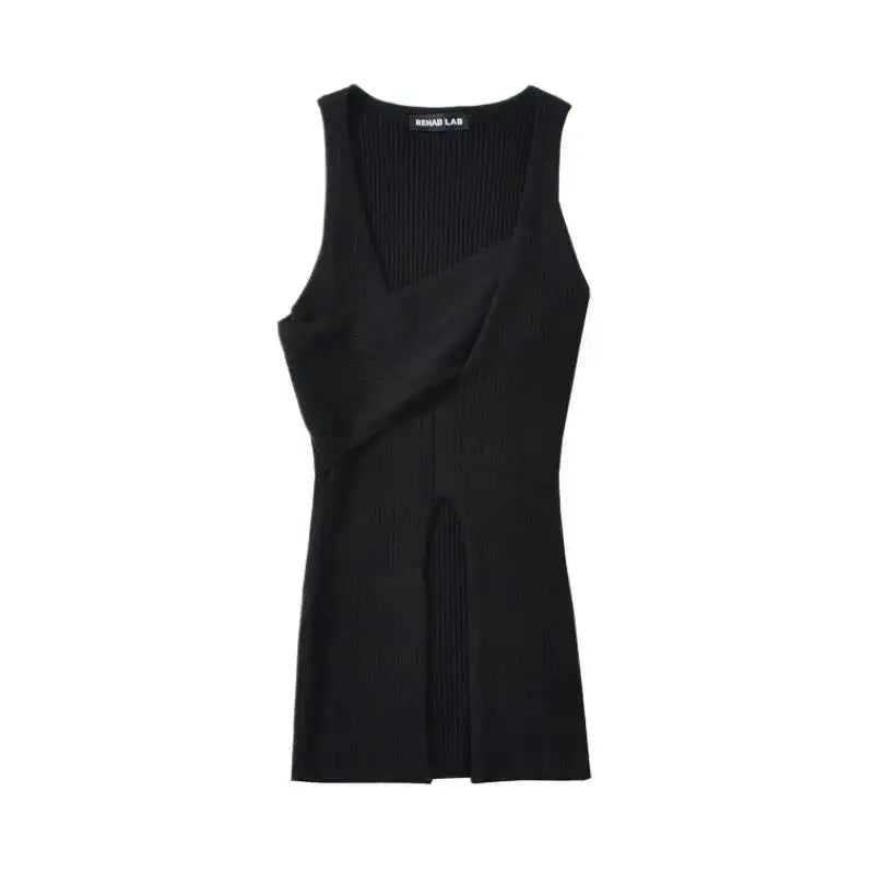 Stylish Cross-over Irregular Neckline Sleeveless Knitted Vest For Women Niche Sexy Slit Slim-fit Top CasualPure Desire 0FY1
