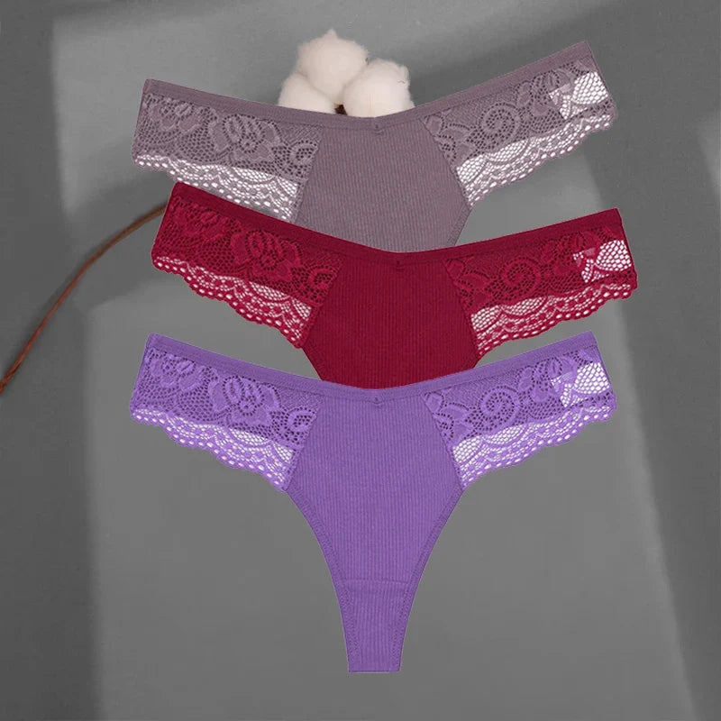 3Pcs/set Cotton Thongs Lace Bikini Underpants Women S-XL T-Back Underwear Ladies G-string Soft Thong Panties Female Lingerie New