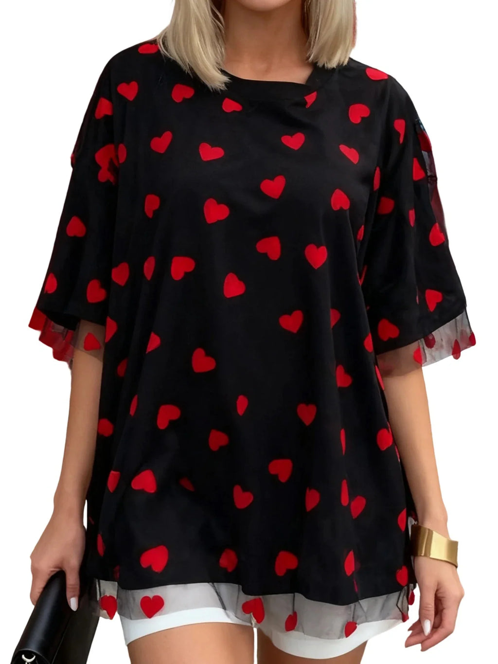 Summer T-Shirt Women Casual Loose Fit Stylish Love Heart Print Crew Neck Short Sleeve Tops