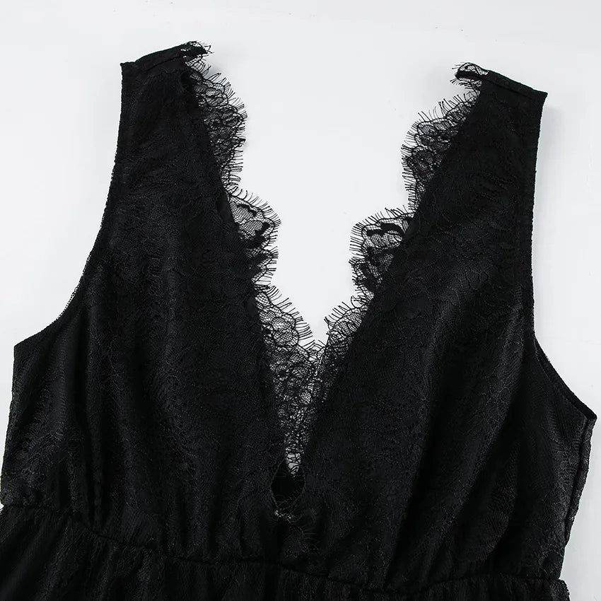 Sexy Deep V-neck Sleeveless Lace Dress Streetwear Women 2026 Backless Tunics A-line Party Dresses Long Maxi Robe Black White