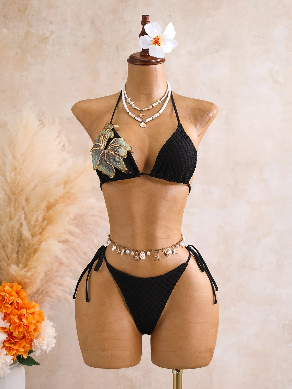 Sexy Black 3D Flower Holiday Bikini Set 2026 Women Drawstring Side Knitted Cover Up 3 Piece Swimsuit Beach Bathing Suit Swimwear
