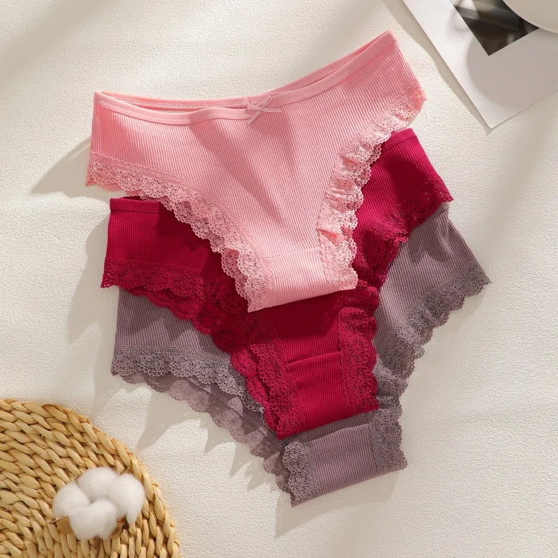 3PCS/Set Women Cotton Panties Low Waist Sexy Lace Brazilian Briefs Female Cross Webbing Underpants Soft Breathable Lingerie S-XL