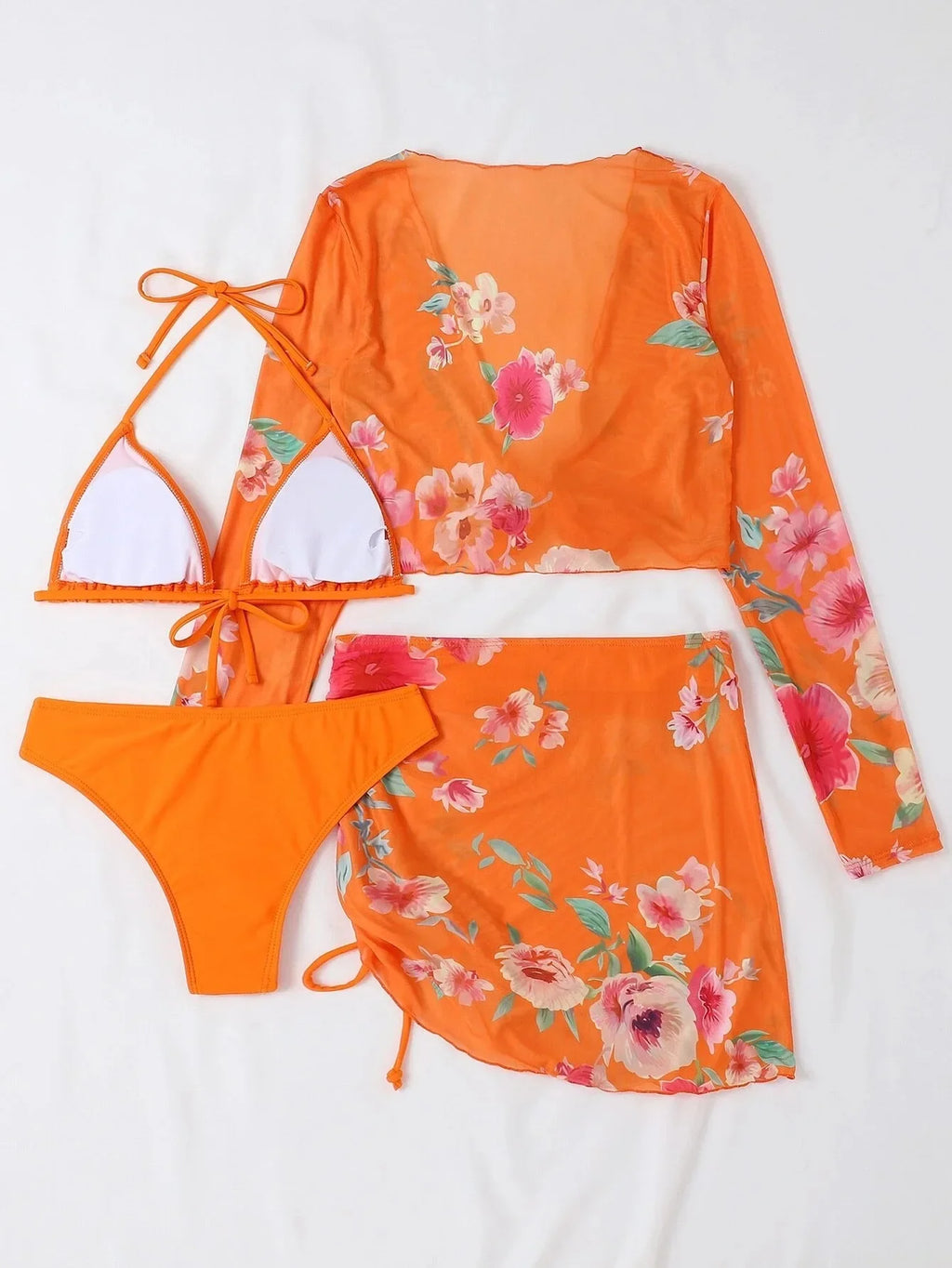 2026 Summer Women's 4 Pieces Suit Swimwear Neck Lace-up Bikini Set+crop Top+skirts Floral Print Gauze Swimsuit Beachwear Biquini