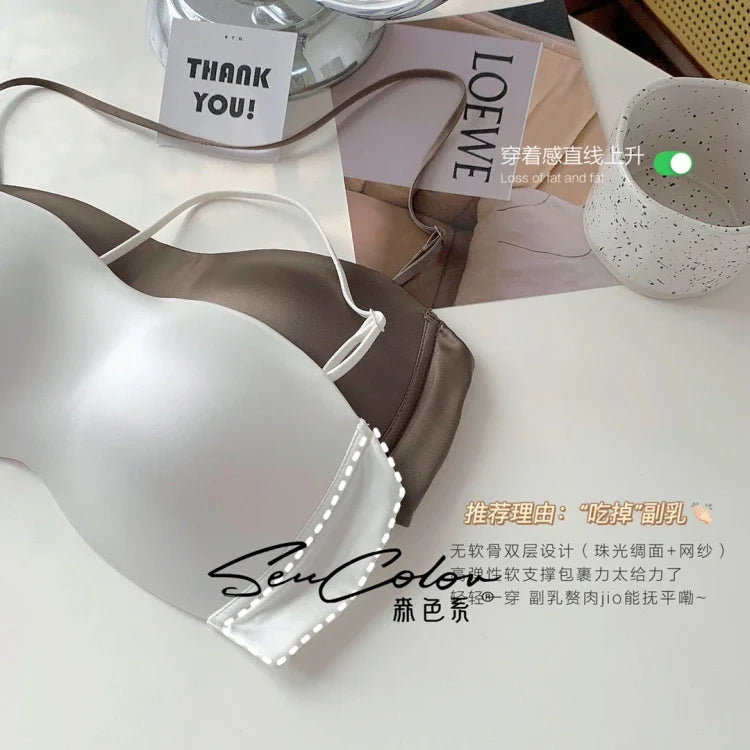 Sexy Japanese Satin Halter Bra Strapless Seamless Two-Way Wear Adjustable Comfort Back Fit Wirefree Lingerie Set S-XL MOYISU Bra