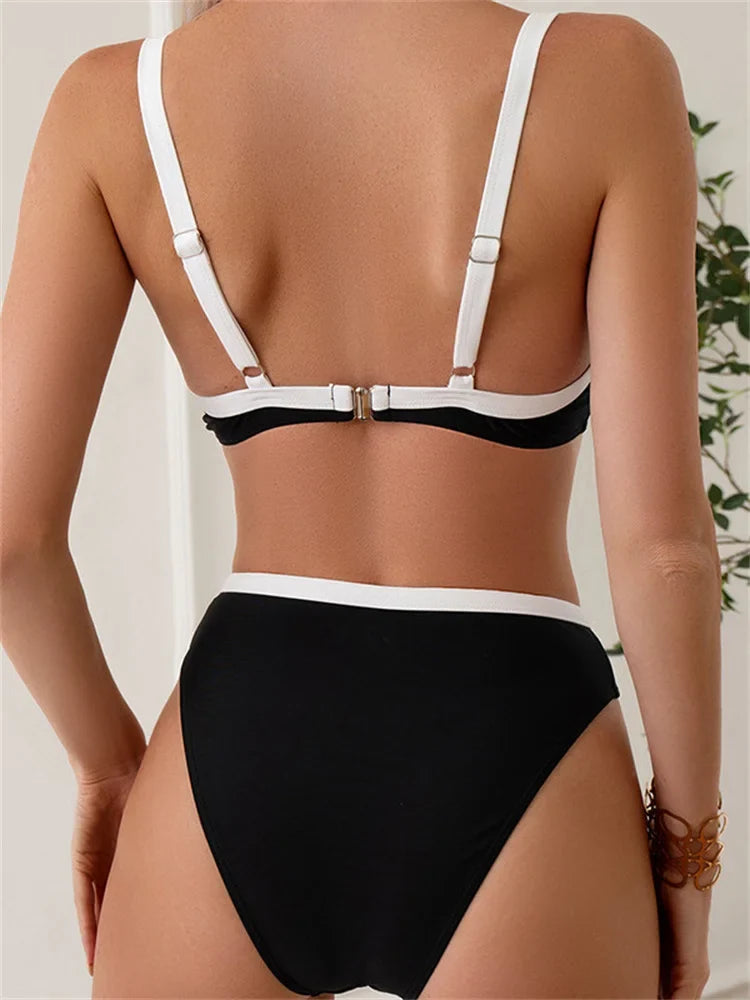 Sexy Black White Patchwork Bikini 2024 Women Halter V Underwire Push Up Micro Swimsuit Beach Bathing Suit High Waist Swimwear