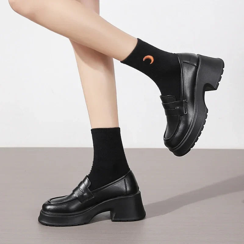Brown Pu Leather Platform Loafers for Women British Style Round Toe Thick Heel Pumps Woman Slip On High Heels Office Shoes Lady