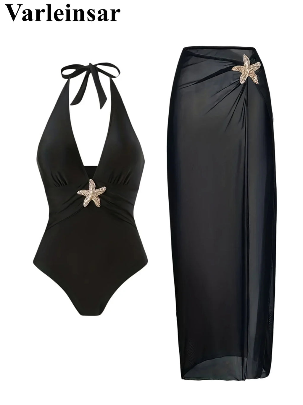 S - XL New With Skirt Deep V Neck Halter One Piece Swimsuit Women Swimwear Female Starfish Padded Bather Bathing Suit Swim V7977