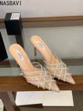 French Summer CRYSTAL PVC Transparent Pointed Toe Women Slippers Pumps Mules Shoes Elegant Thin High Heels Banquet Party Sandals