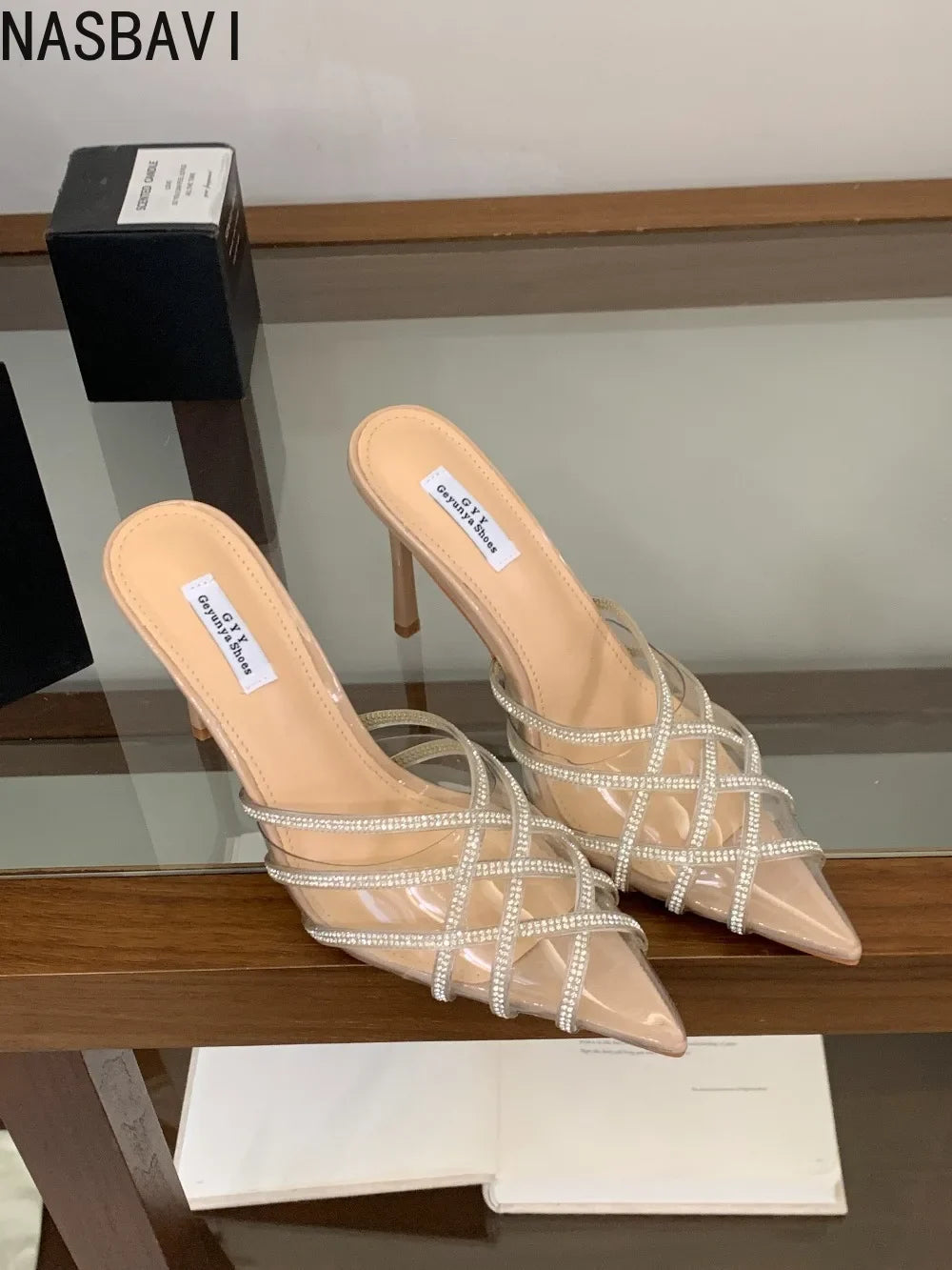 French Summer CRYSTAL PVC Transparent Pointed Toe Women Slippers Pumps Mules Shoes Elegant Thin High Heels Banquet Party Sandals
