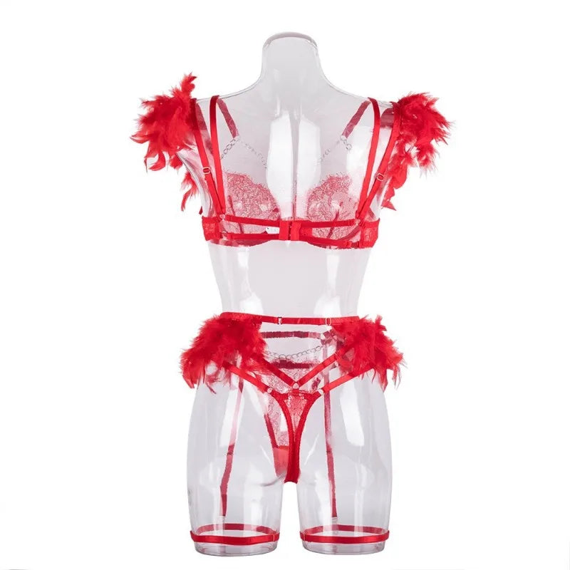 Toucheart 4 Piece Set Fun Lingerie For Women Feather Lace Splicing Chain Sexy Slim Mesh See-Through Sexy Lingerie Garters Suit