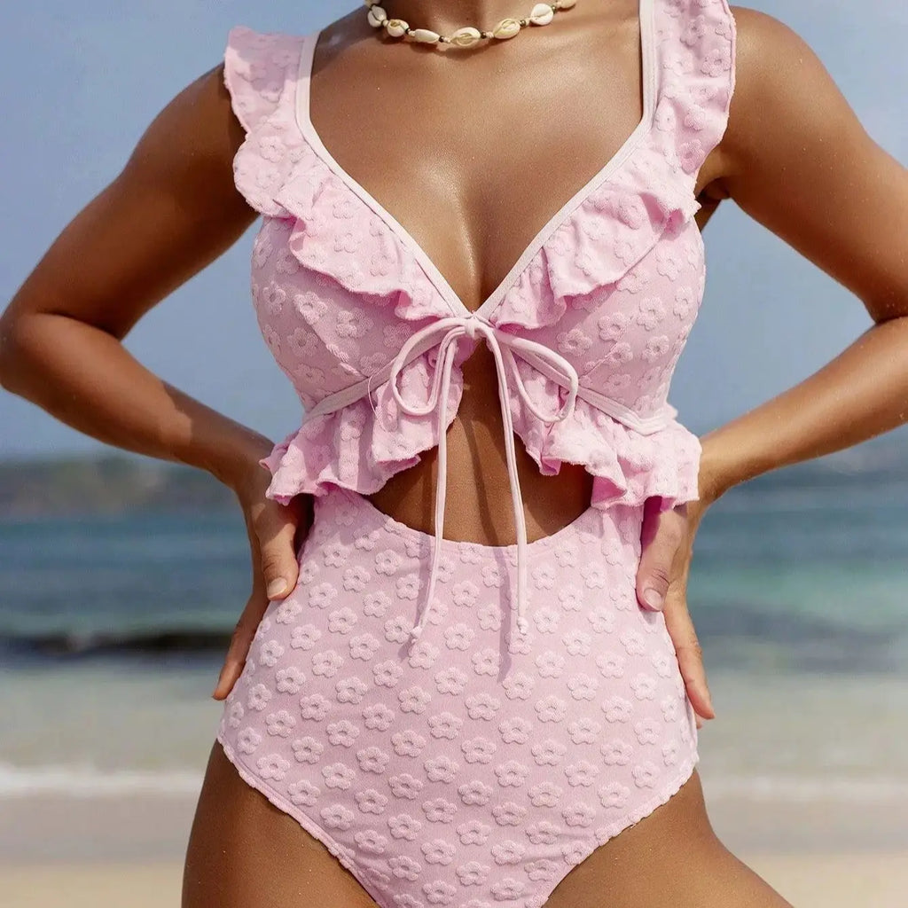 DEKA Girl Light Pink One Piece Swimsuit for Women High Waist Hollow Out Ruffle Suspender Backless Monokini Bikini Beach Swimwear