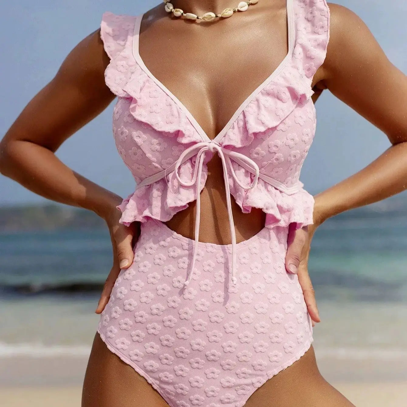 DEKA Girl Light Pink One Piece Swimsuit for Women High Waist Hollow Out Ruffle Suspender Backless Monokini Bikini Beach Swimwear