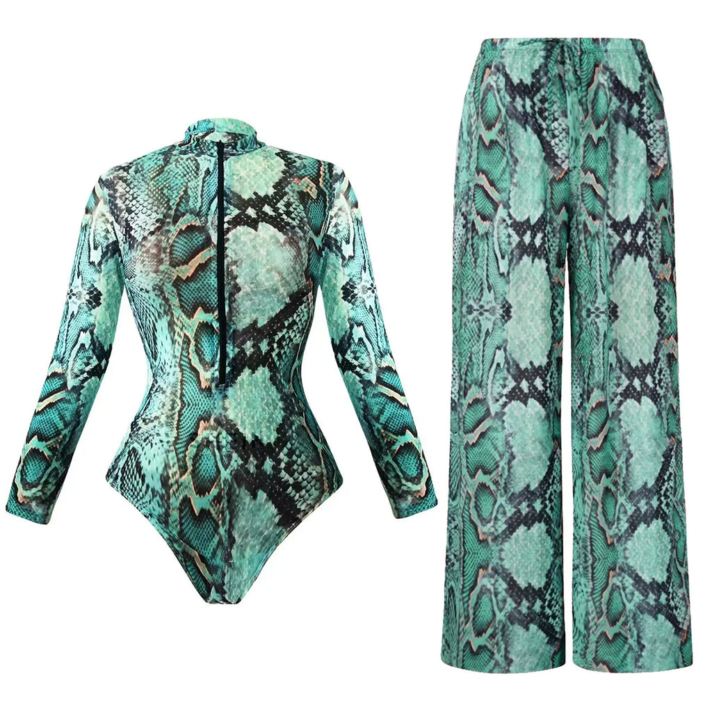 2025 New Long Sleeve Vintage Print One Piece Swimwear Zipper Conservatism Women Bathing Suit With Long Pants Surfing Swim Suit
